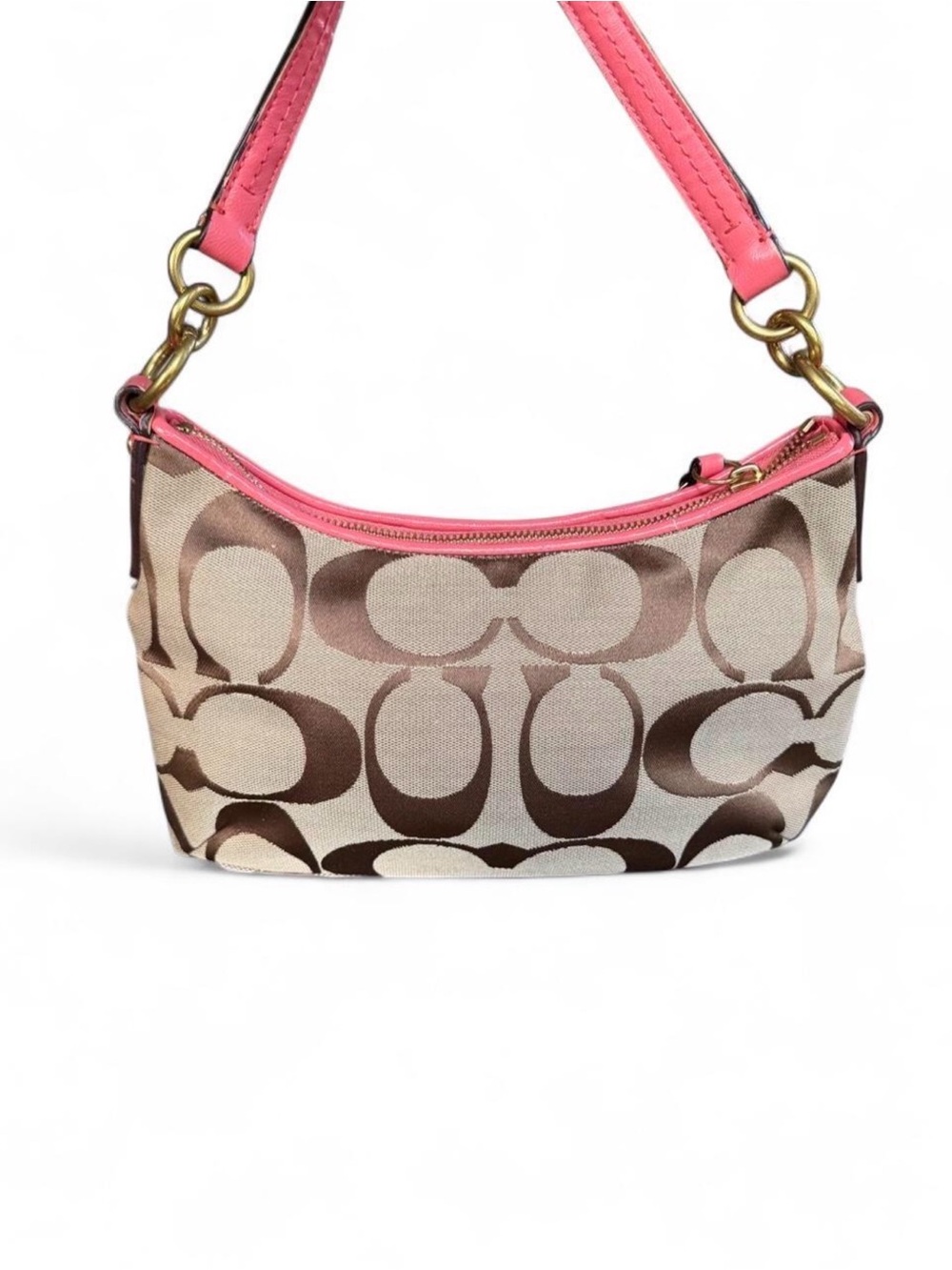 Coach Beige Signature Canvas Shoulder Bag with Pink Stripes - Picture 11 of 15